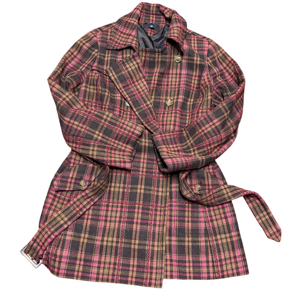 Tommy Hilfiger Women’s Plaid Wool Blend Coat L Belted Double Breasted